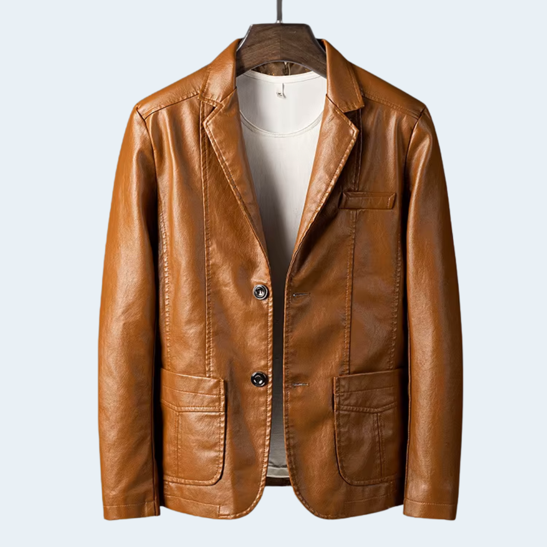 Biruvi | Men’s Hand-Finished Leather Blazer with Dual Button Closure and Vintage Retro Finish