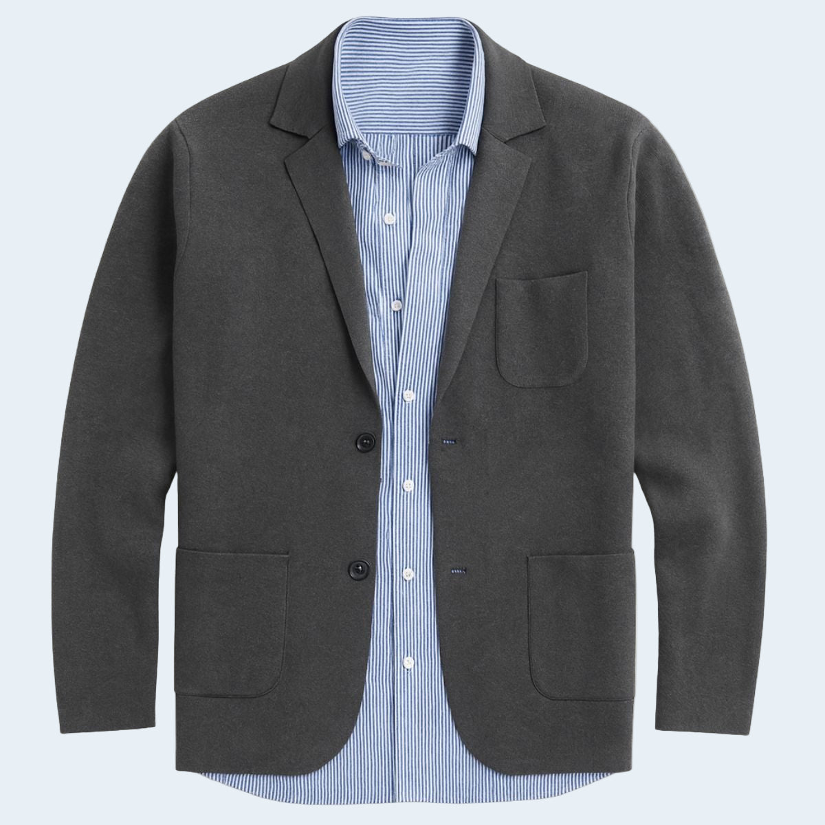 Gray blazer over a blue striped shirt on a light gray background