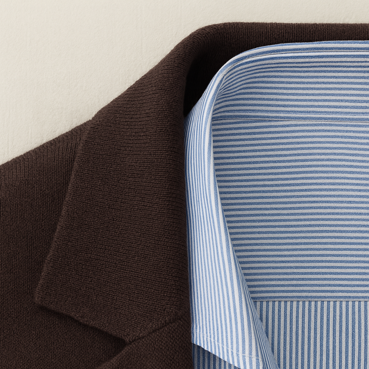 Close-up of a brown fabric and a blue and white striped fabric.