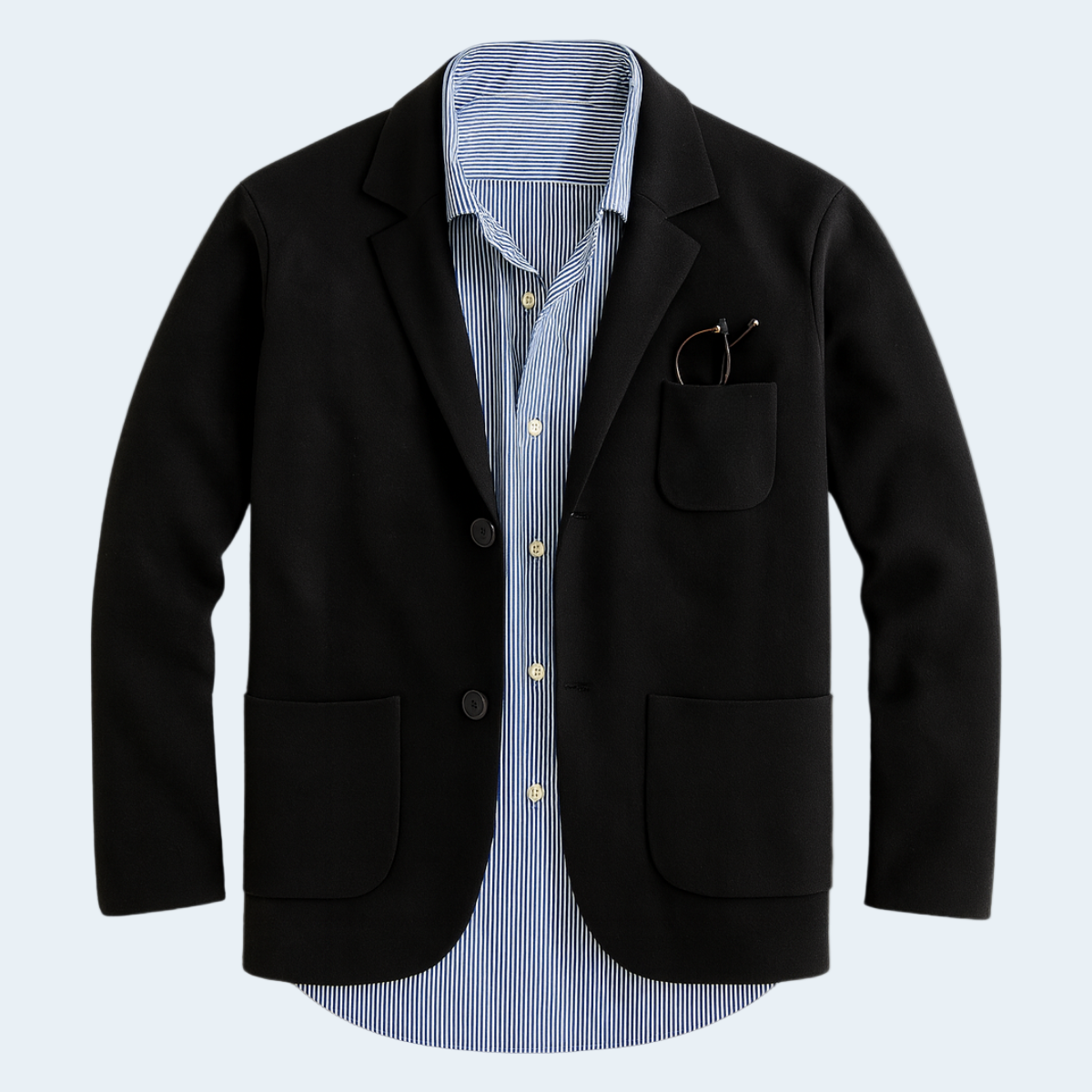 Black blazer over a blue striped shirt on a light gray background