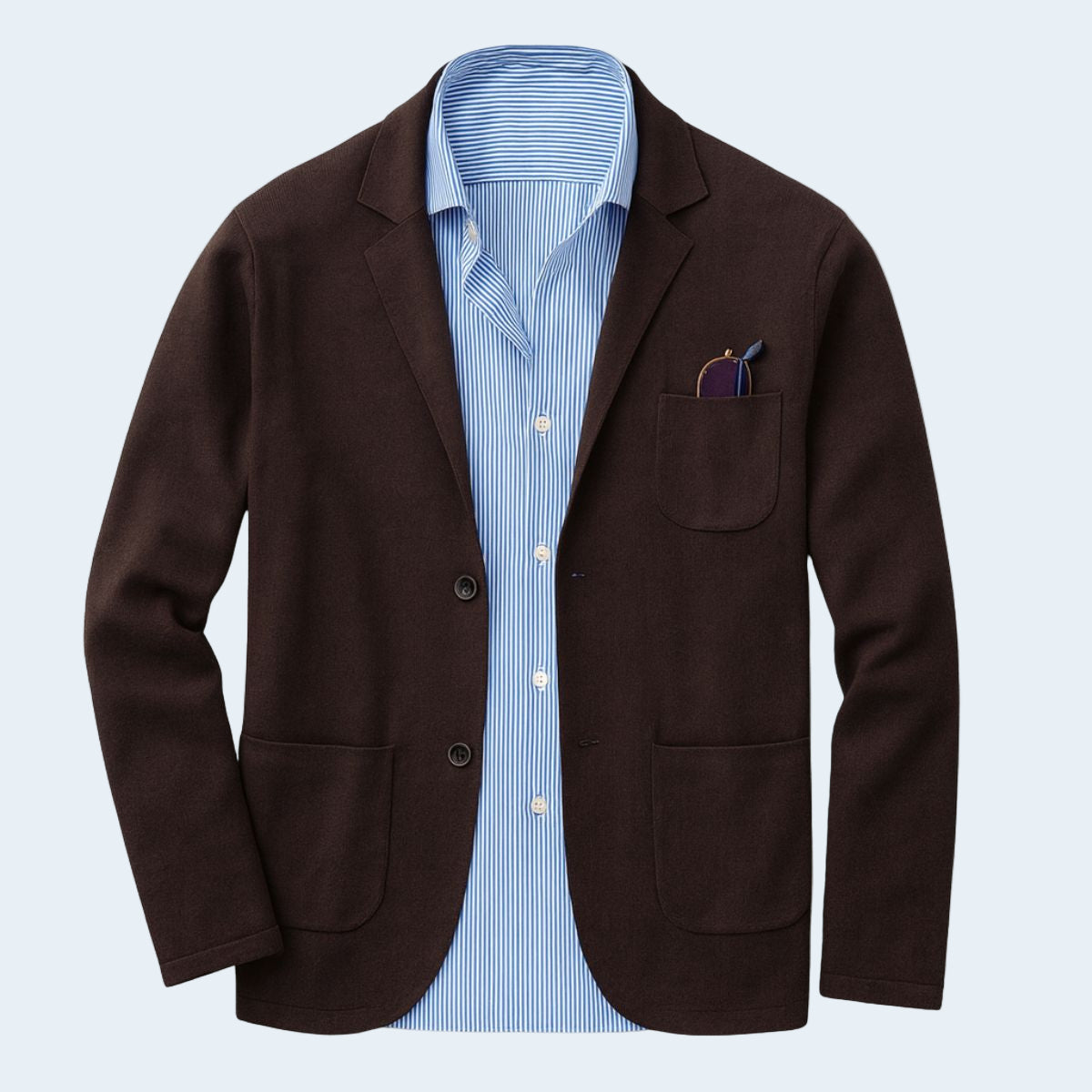 Brown blazer with a blue striped shirt underneath on a light beige background