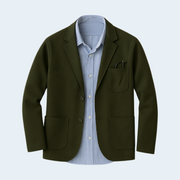 Green blazer over a blue striped shirt on a light gray background