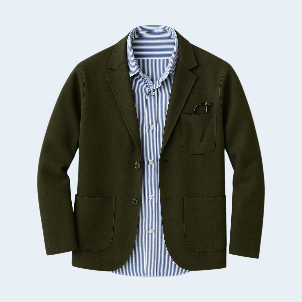 Green blazer over a blue striped shirt on a light gray background