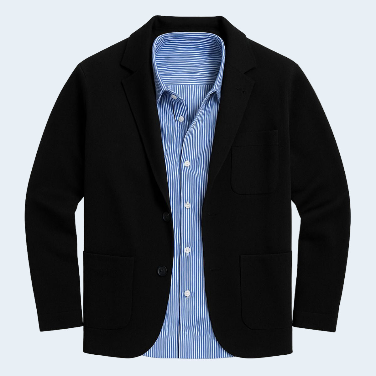 Black blazer with a blue striped shirt on a light gray background