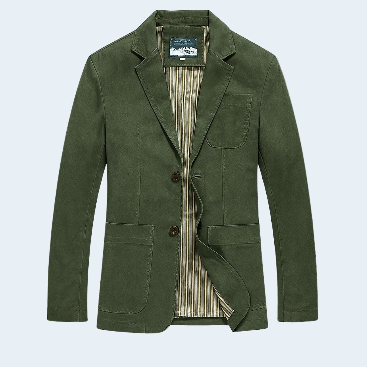 Green blazer with striped shirt on a light gray background