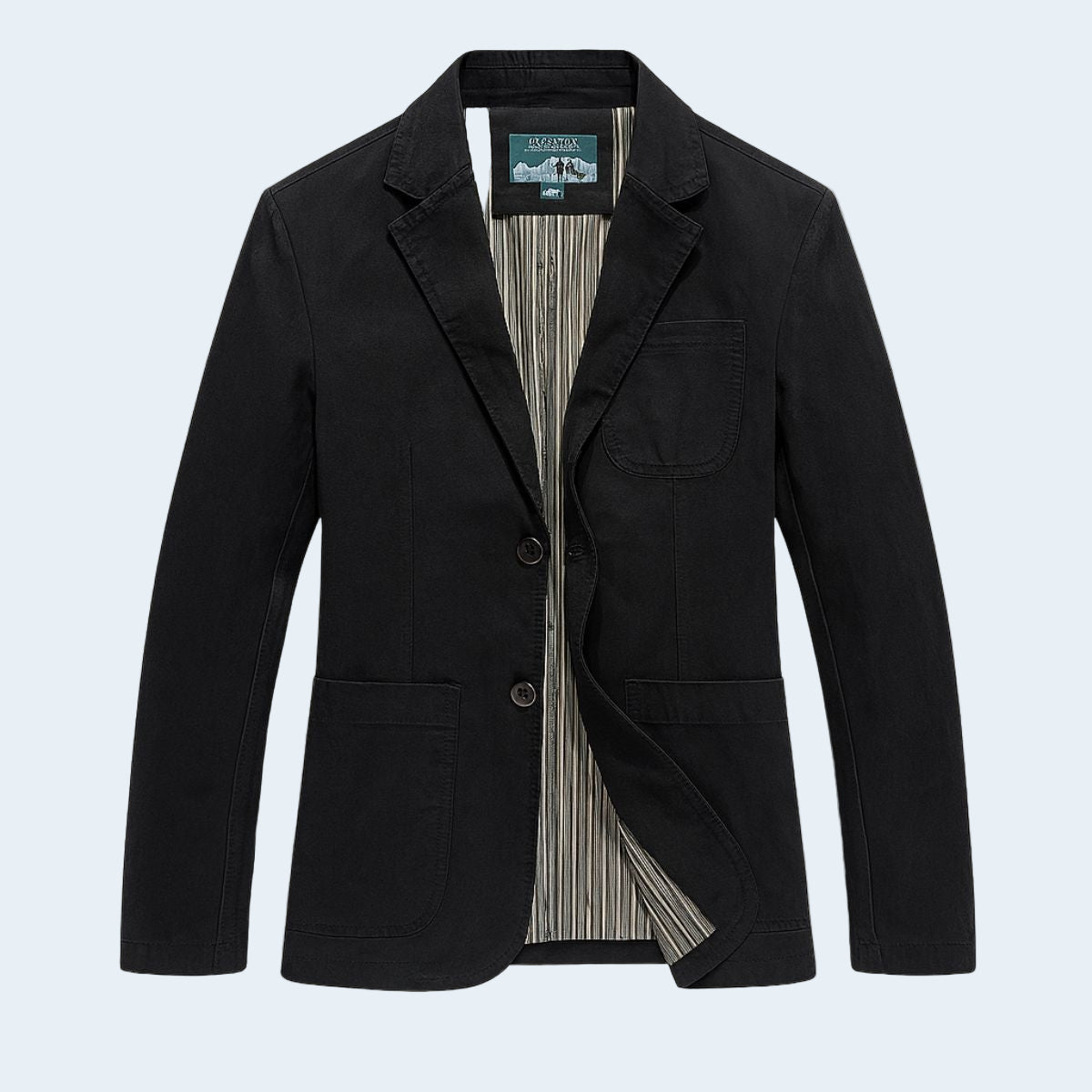 Black blazer with striped lining on a light gray background