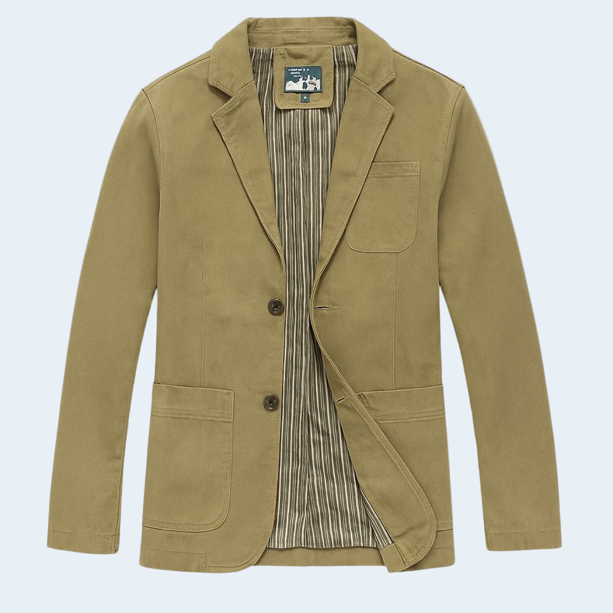 Khaki blazer with striped shirt on a light beige background