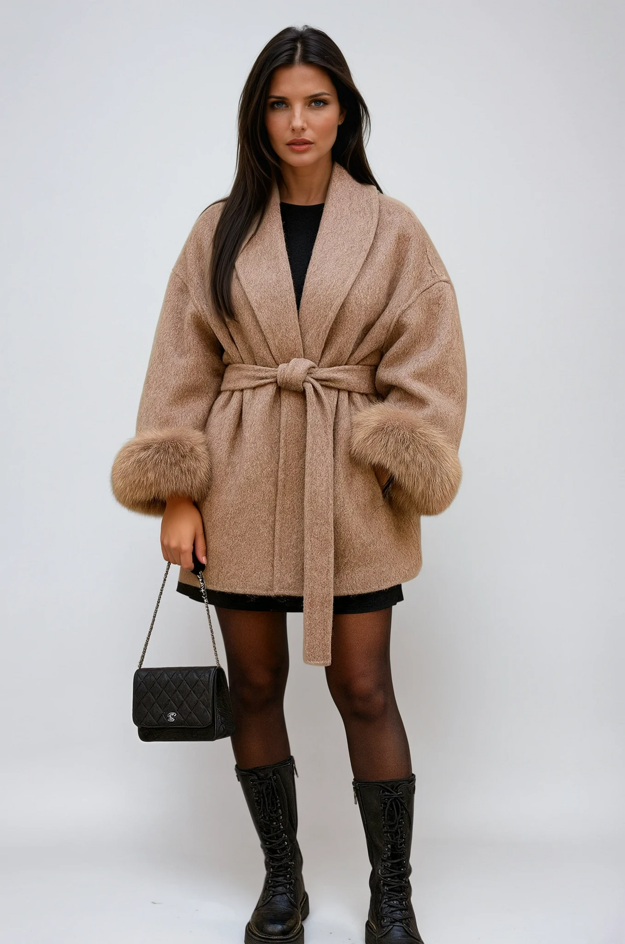 Biruvi | Women's Faux Fur Belted Coat