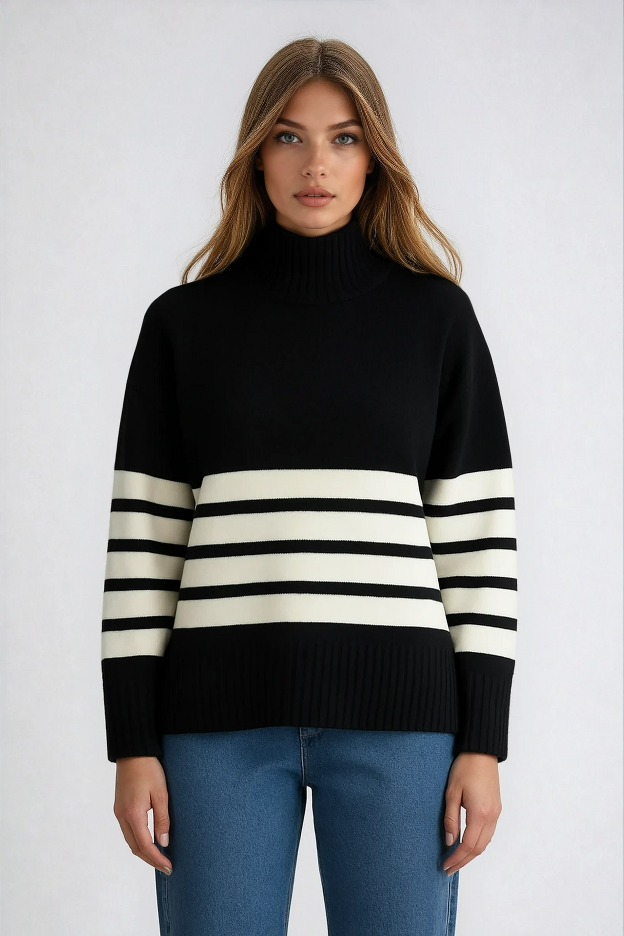 Biruvi | Women's Mock Neck Stripe Sweater