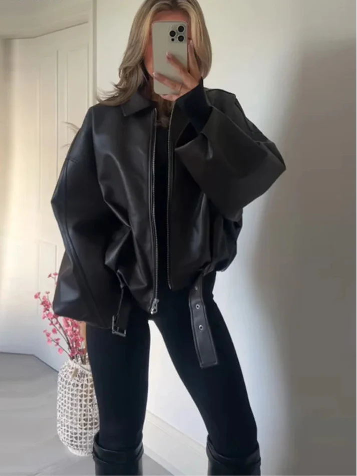 Biruvi | Women's Vintage PU Leather Bomber Jacket