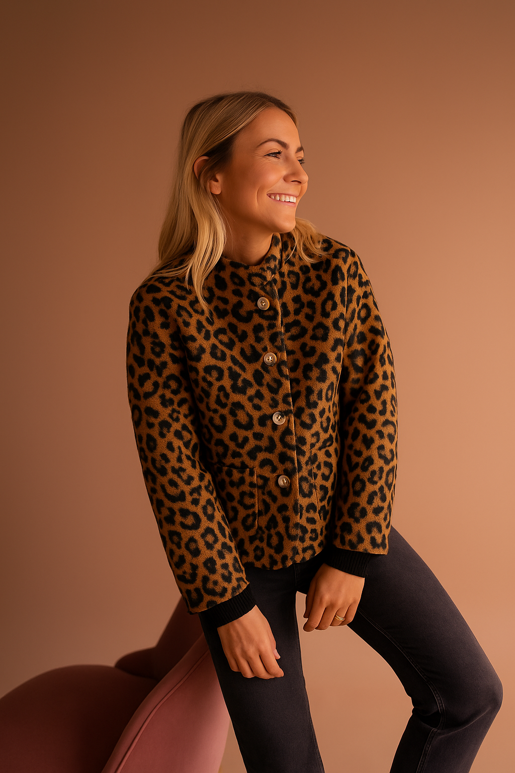 Biruvi | Women’s Buttoned Leopard Print Jacket with Pockets