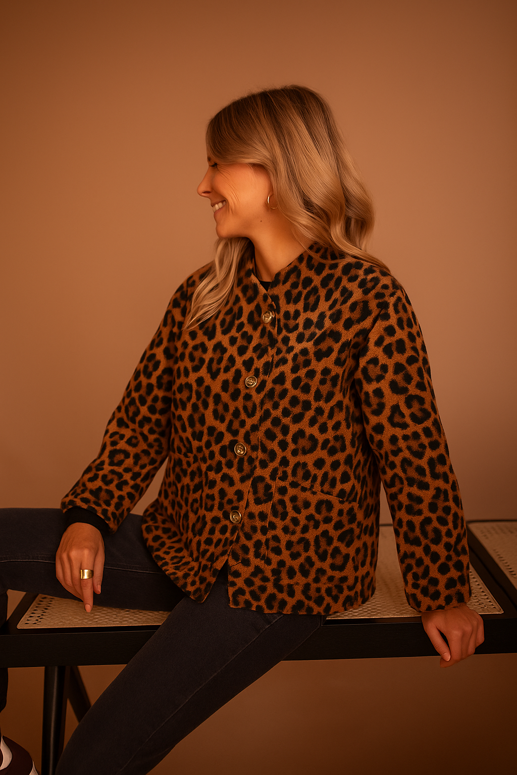 Biruvi | Women’s Buttoned Leopard Print Jacket with Pockets