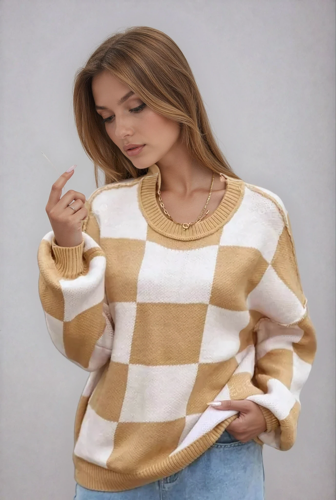 Biruvi | Women’s Checkerboard Knitted Sweater