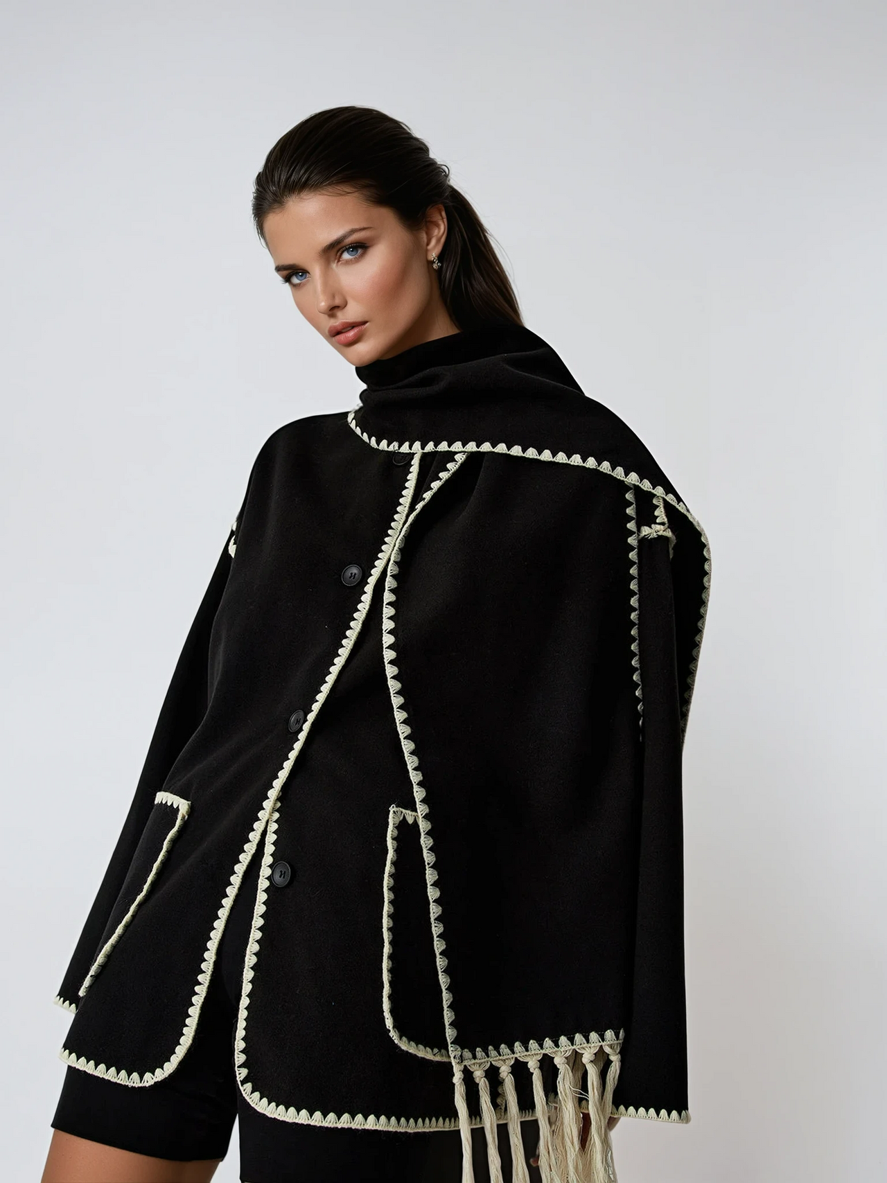 Biruvi | Women’s Buttoned Coat with Matching Scarf