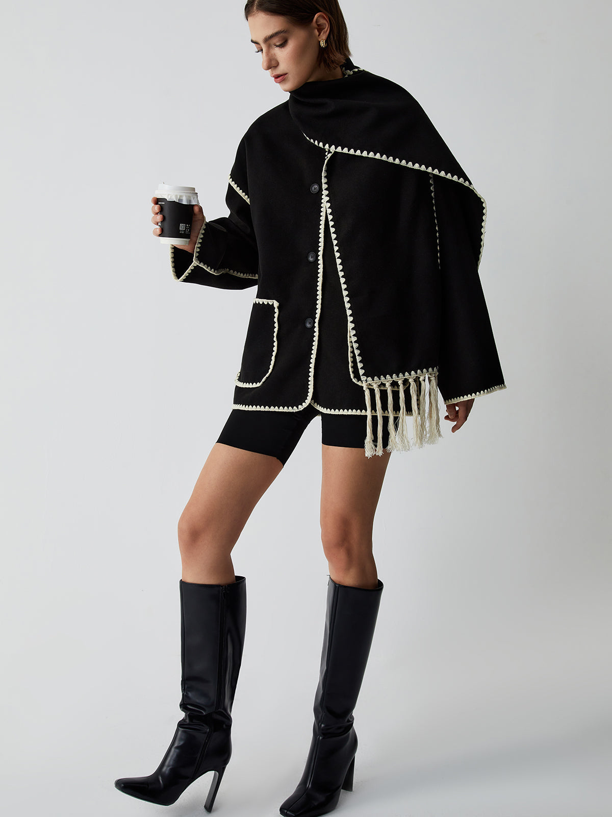 Biruvi | Women’s Buttoned Coat with Matching Scarf