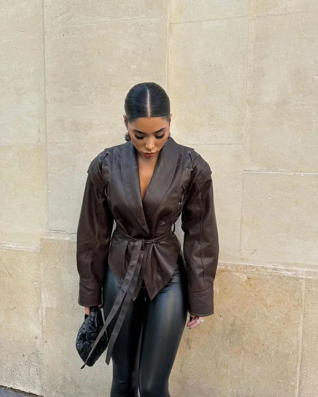 Biruvi | Women’s Faux Leather Jacket with Shawl Collar