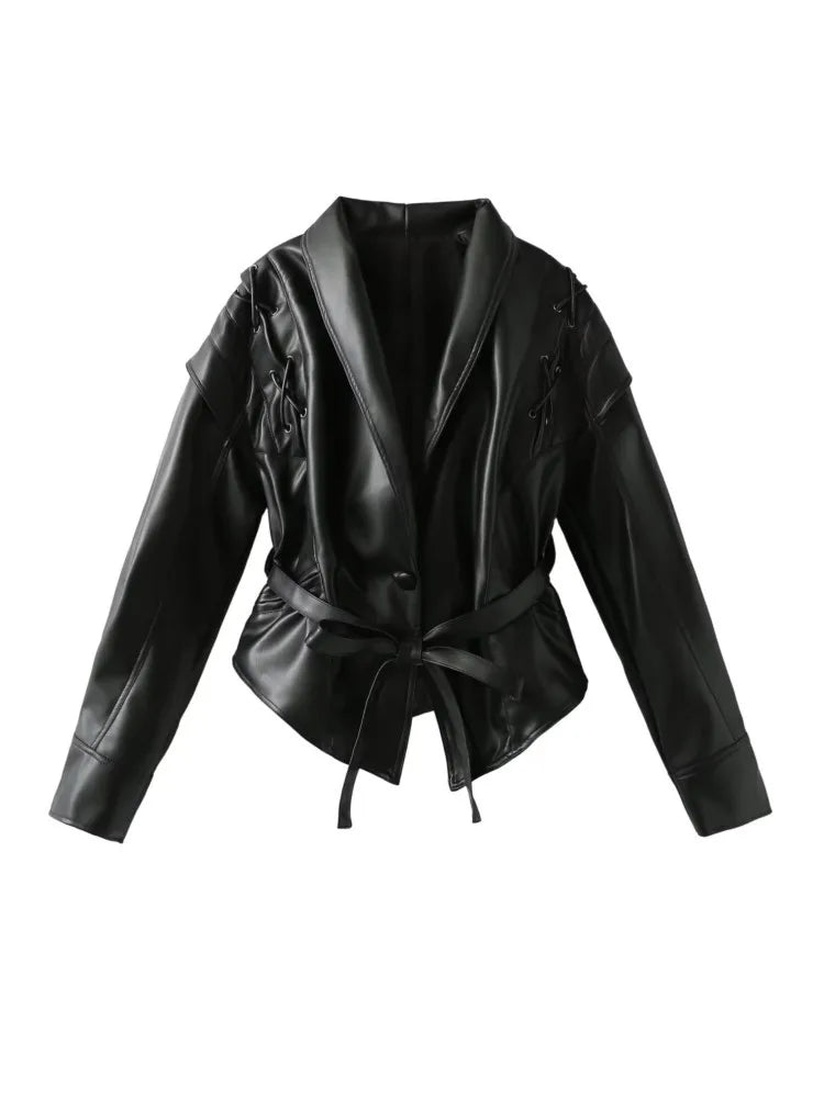 Biruvi | Women’s Faux Leather Jacket with Shawl Collar