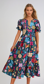 Florlie | Midi Dress With Puff Sleeves And Notch Neckline 0