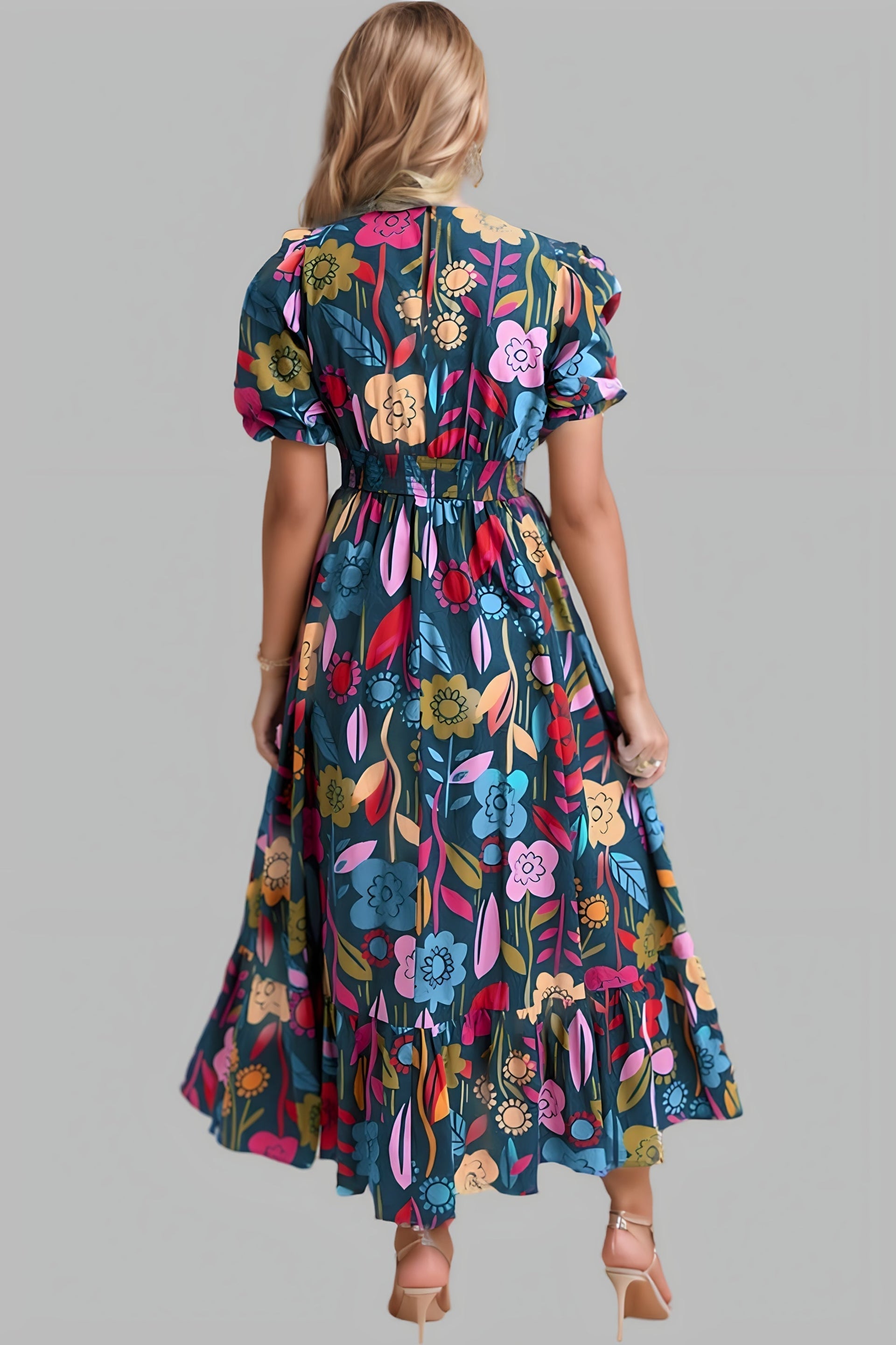 Florlie | Midi Dress With Puff Sleeves And Notch Neckline 1