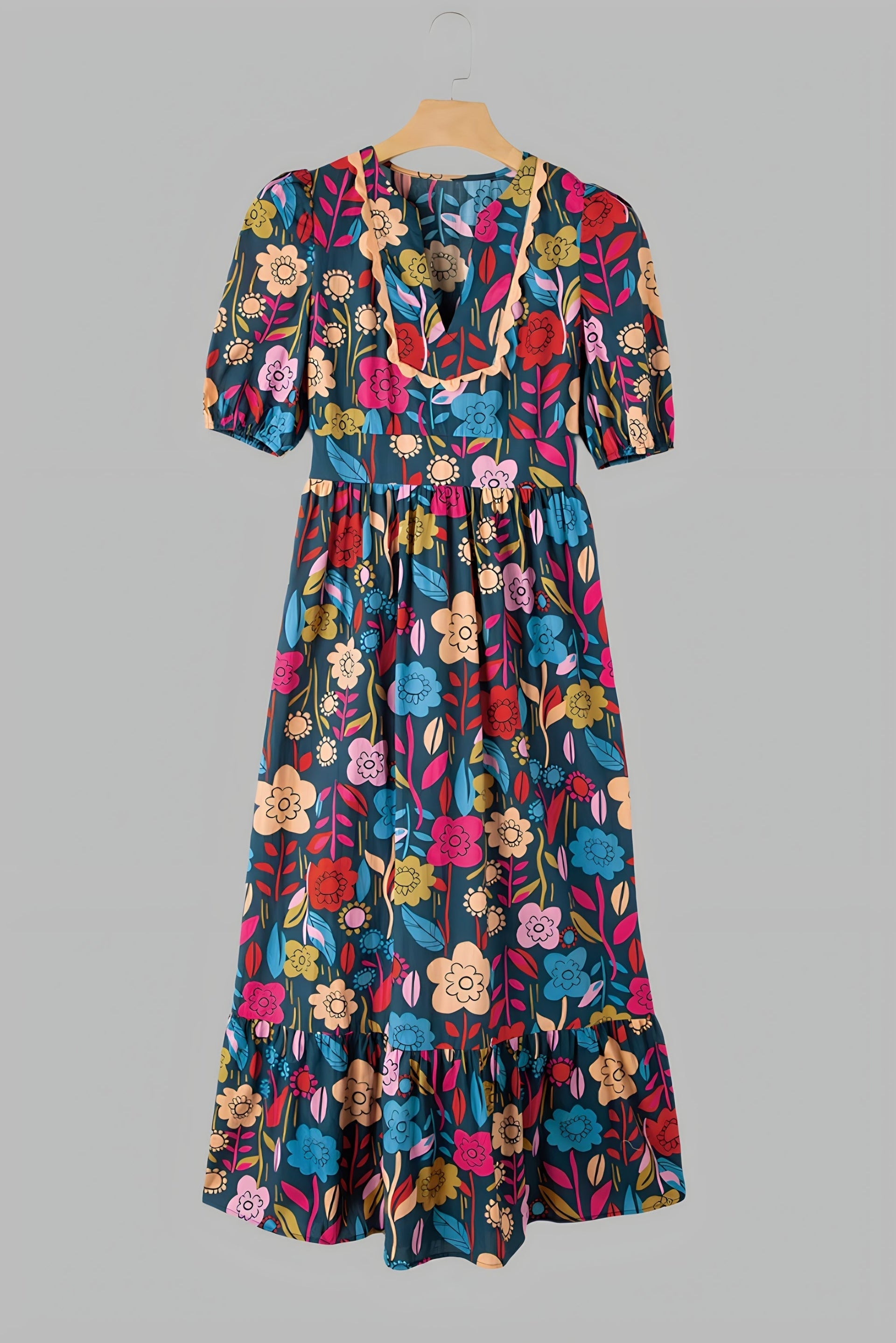 Florlie | Midi Dress With Puff Sleeves And Notch Neckline 2