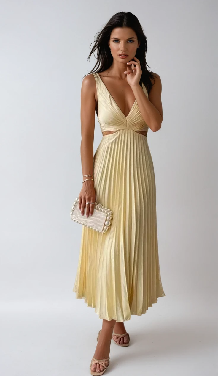 Melora | V-neck Midi Elegant Pleated With Cut-Out Details Dress 0