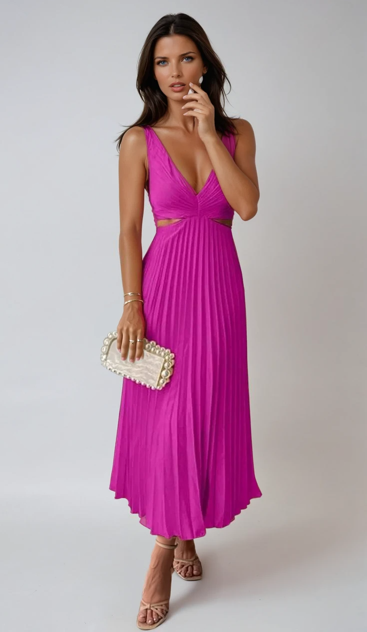 Melora | V-neck Midi Elegant Pleated With Cut-Out Details Dress 4