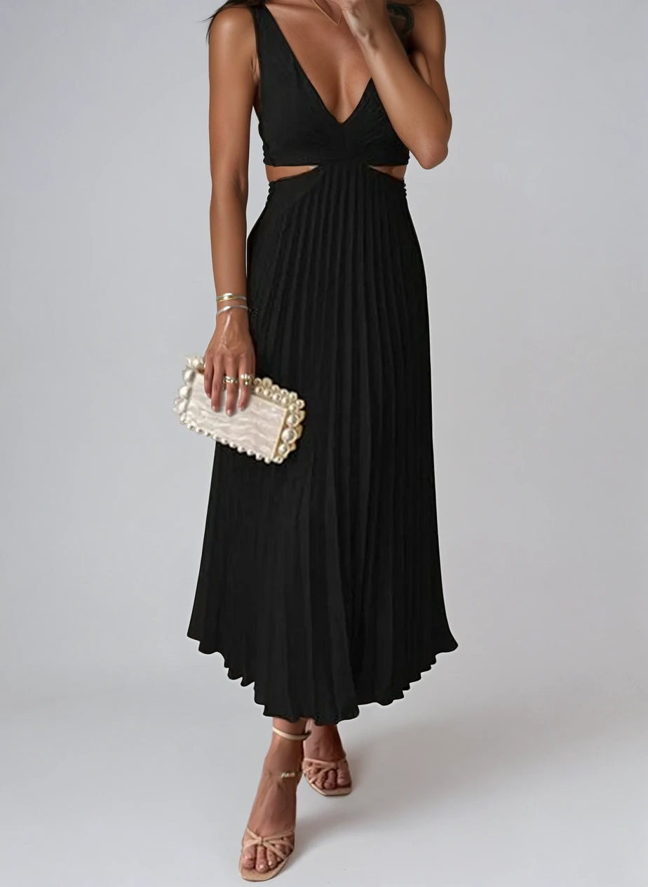Melora | V-neck Midi Elegant Pleated With Cut-Out Details Dress 5