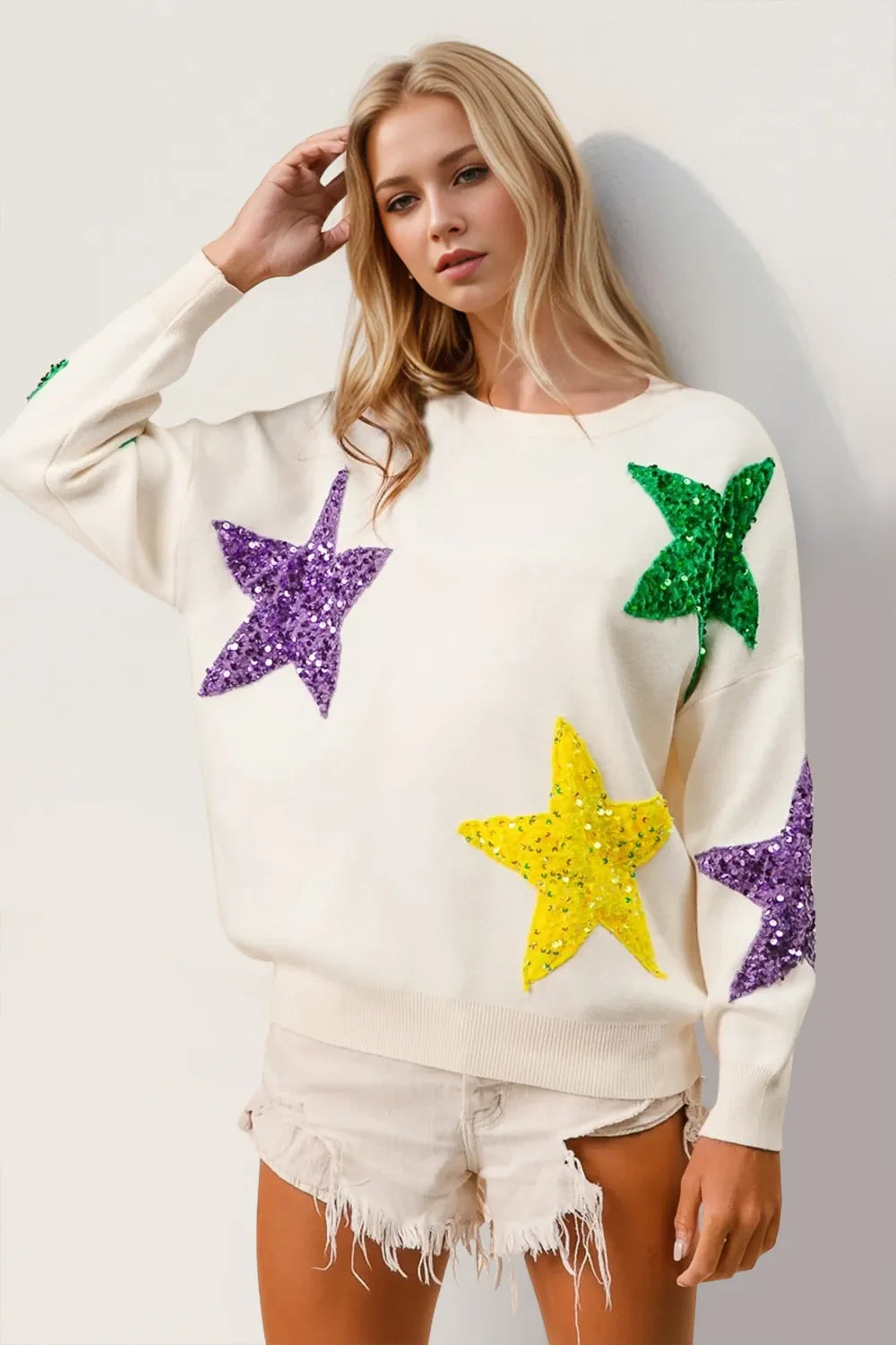 Biruvi | Women’s Sequin Star Pattern Sweater