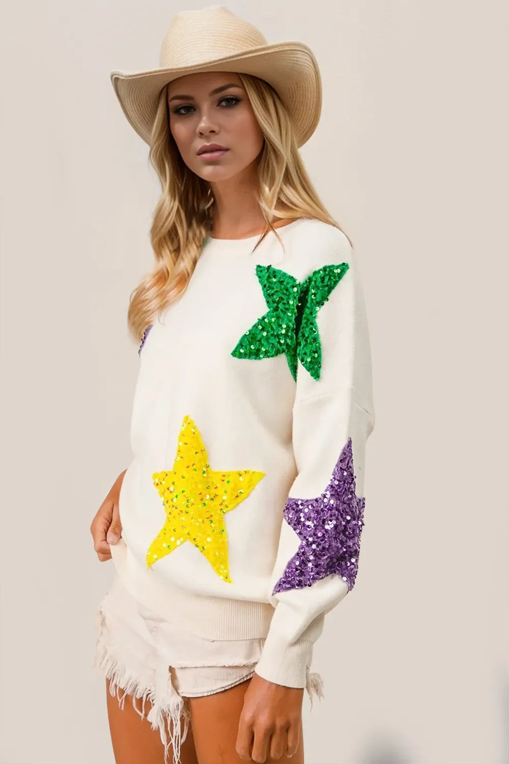Biruvi | Women’s Sequin Star Pattern Sweater