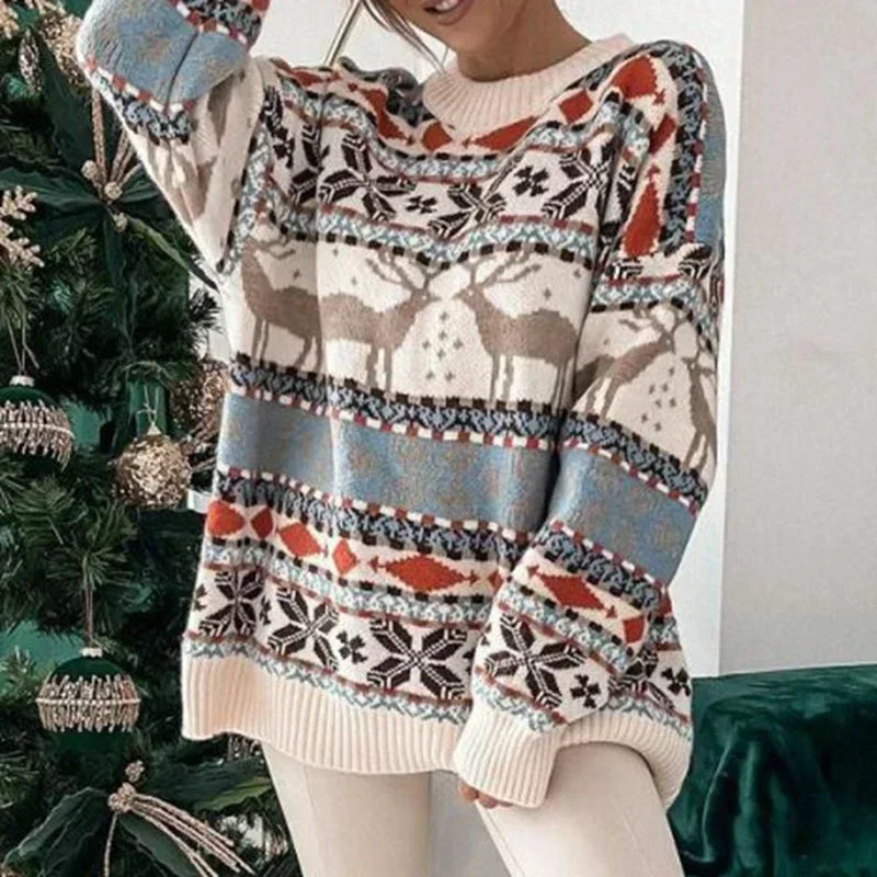 Biruvi | Women's Oversized Christmas Print Knit Jumper