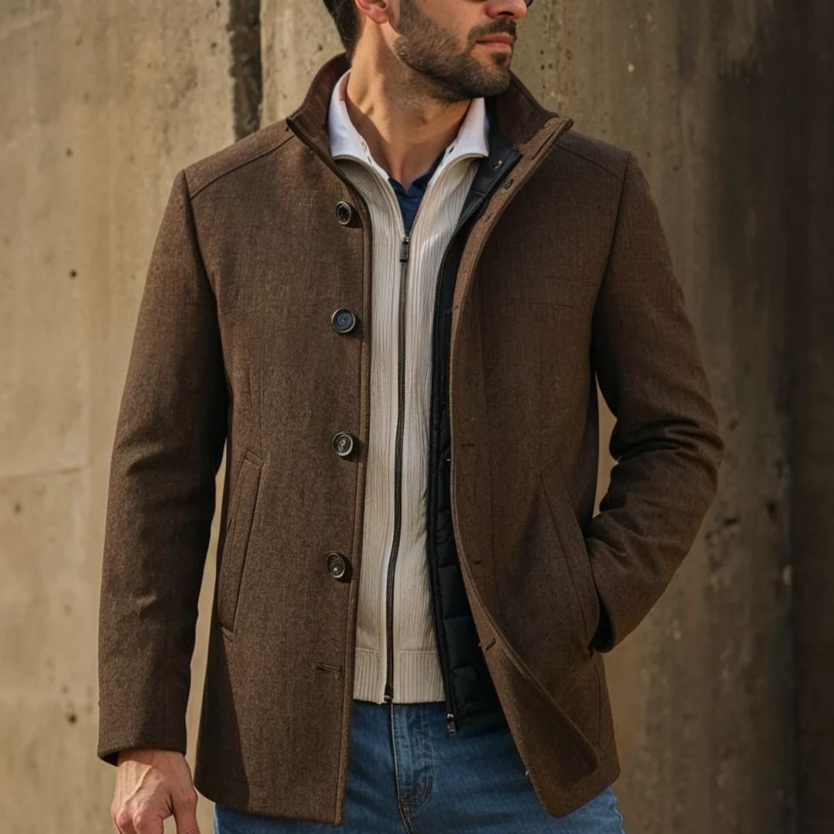 Man wearing a brown coat with a concrete wall background