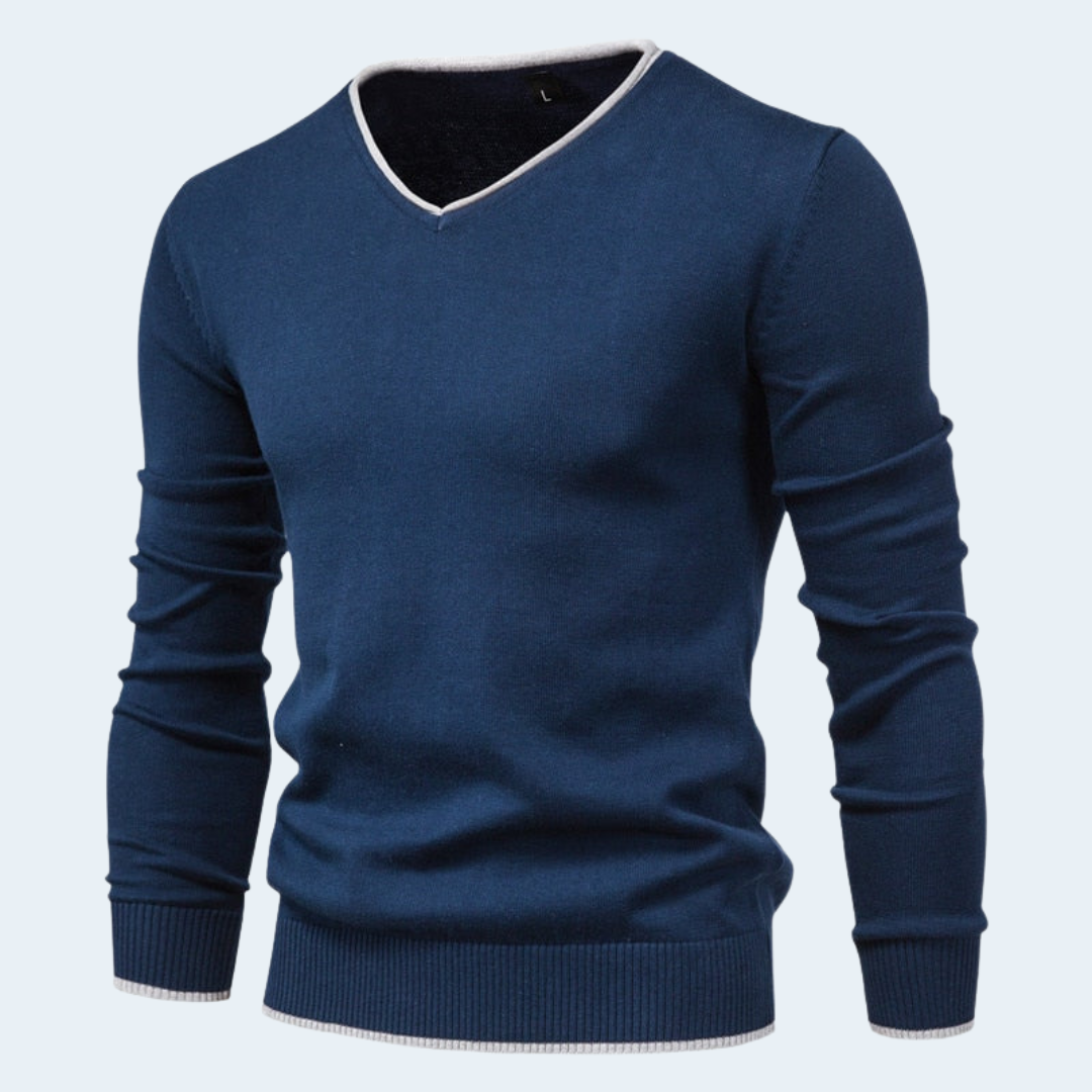 Biruvi | Men’s Knitwear V Neck Sweater Slim Fit Contrast Stitch Long Sleeve