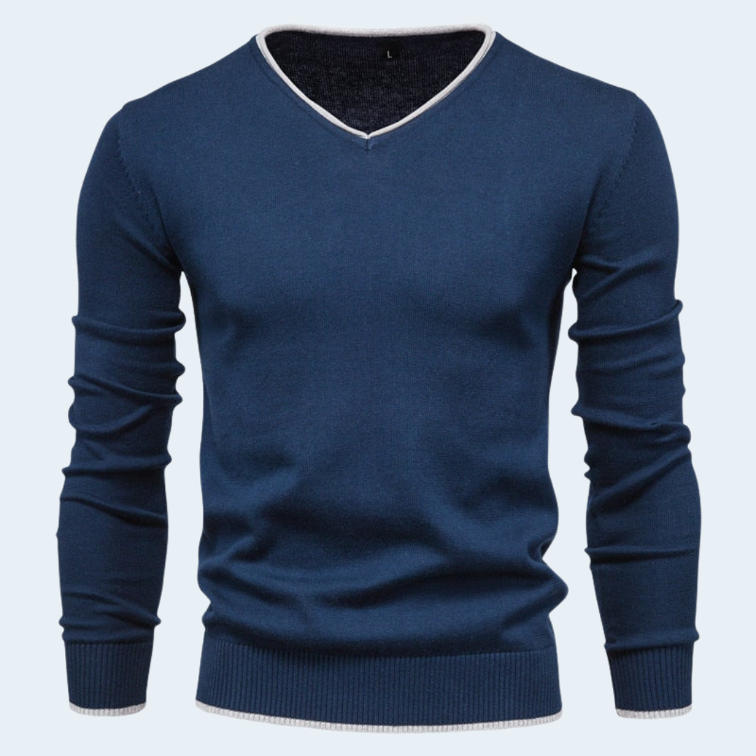 Biruvi | Men’s Knitwear V Neck Sweater Slim Fit Contrast Stitch Long Sleeve