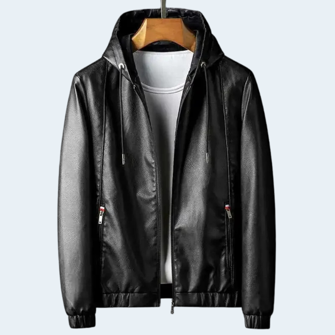 Biruvi | Men’s Vegan Leather Hooded Jacket with Zip Closure