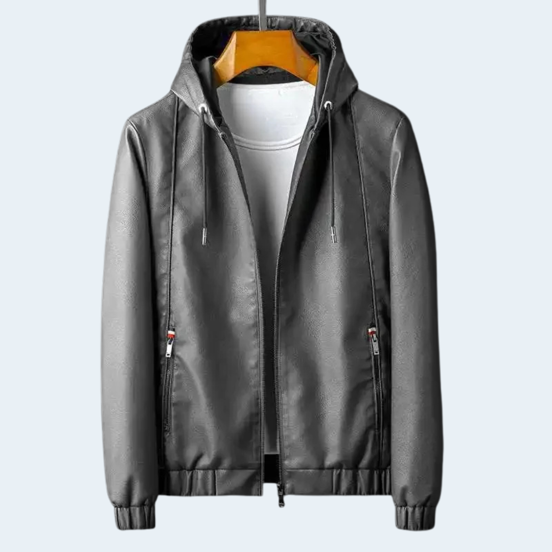 Biruvi | Men’s Vegan Leather Hooded Jacket with Zip Closure