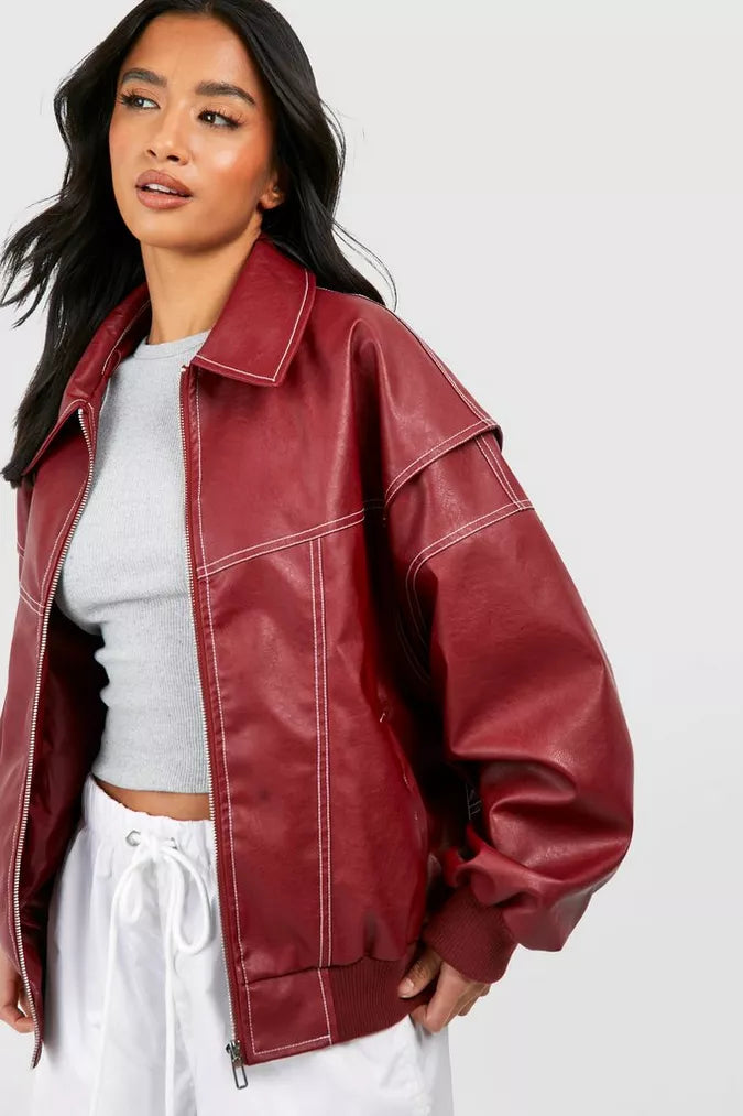 Biruvi | Women’s Oversized Faux Leather Bomber Jacket