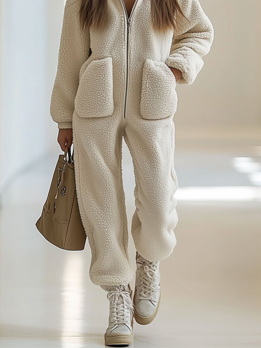 Biruvi | Women’s Casual Loose Vintage Polar Fleece Hooded Jumpsuit Sherpa Hoodie Style