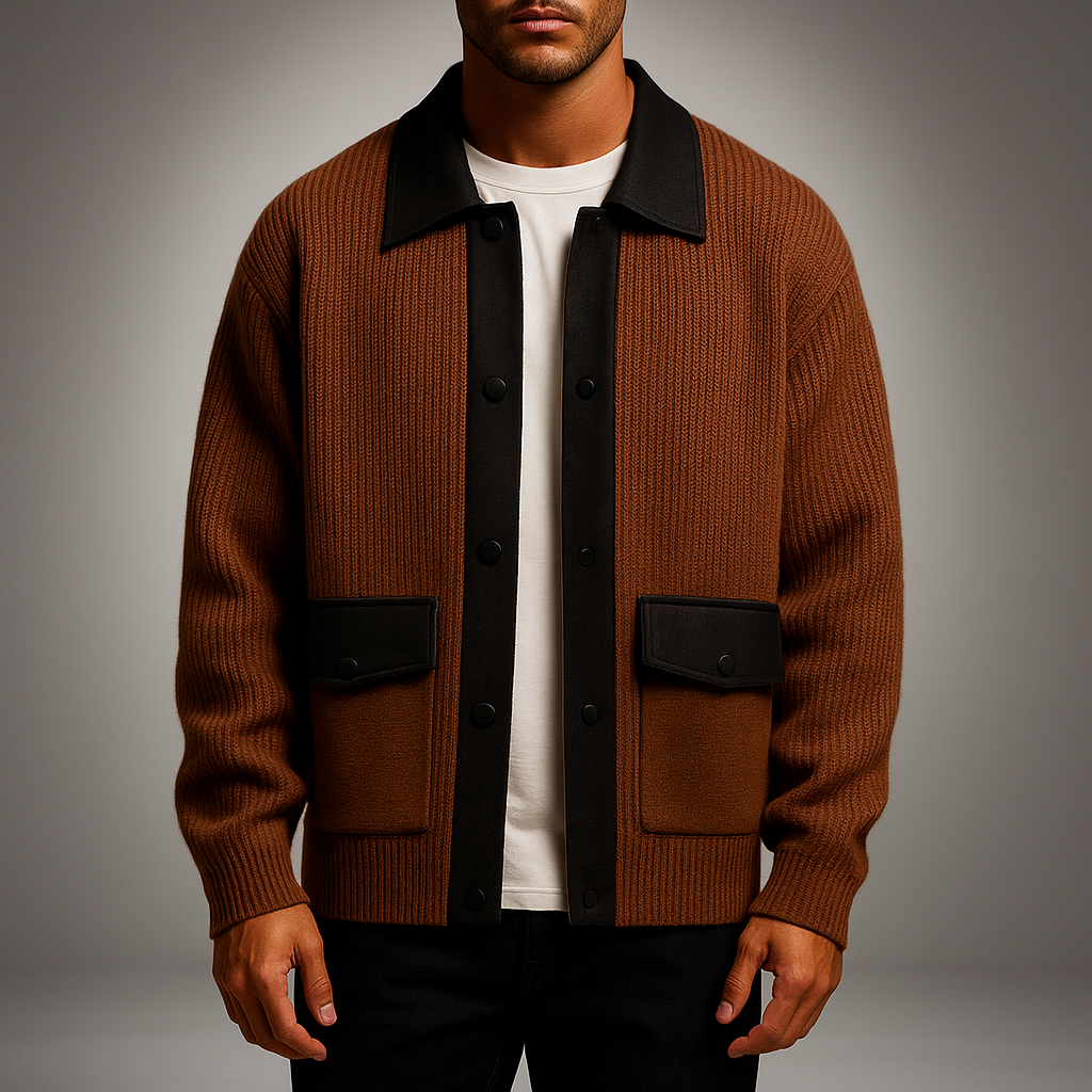 Biruvi | Men’s Two-Tone Rib-Knit Classic Cardigan