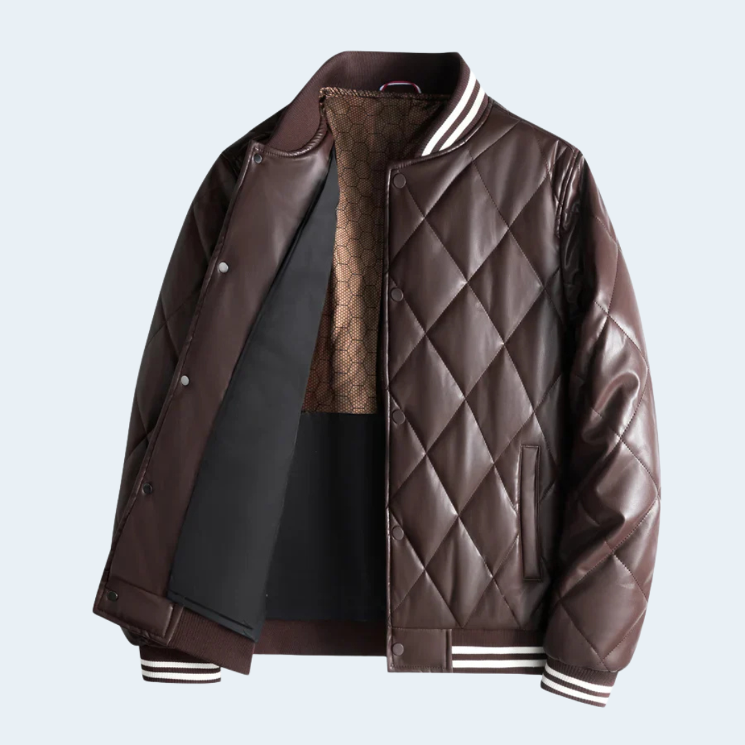Biruvi | Men’s Vintage Diamond-Stitch Full-Grain Leather Snap Jacket