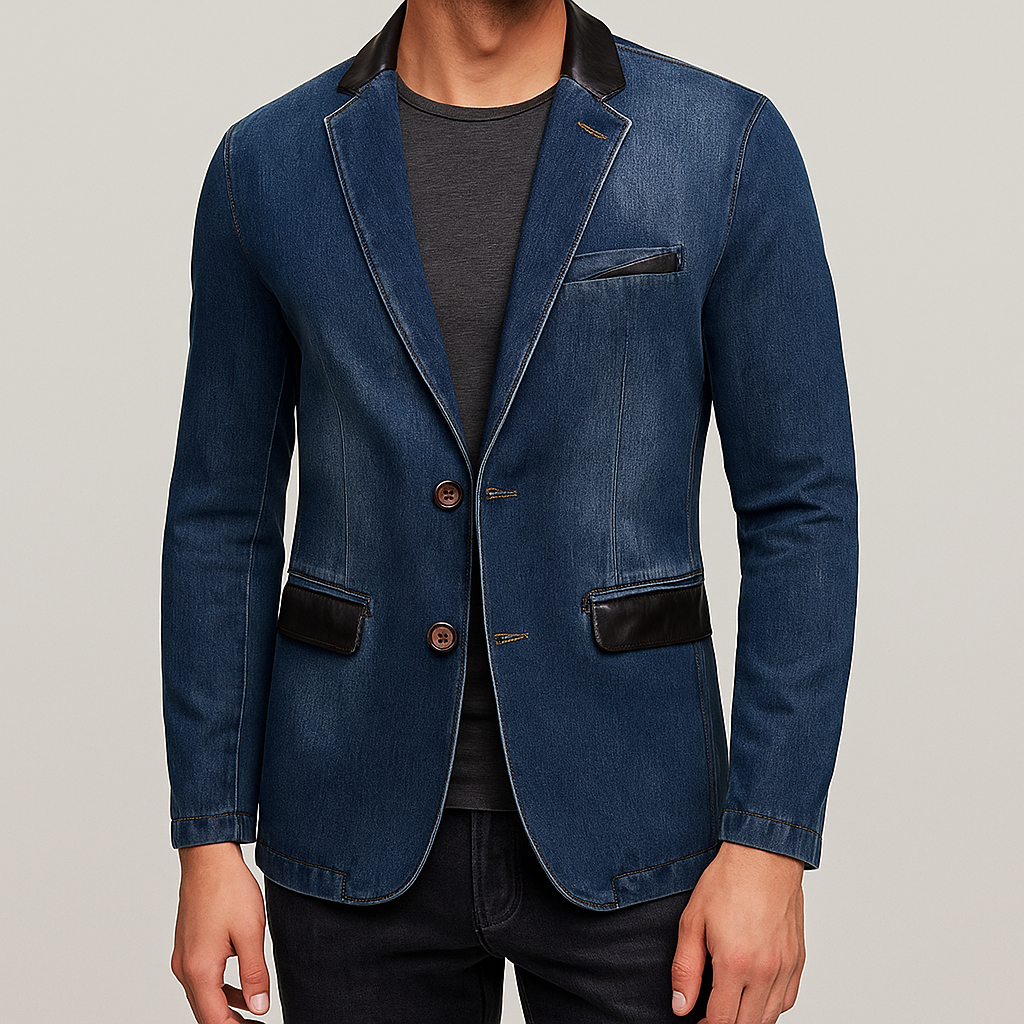 Biruvi | Men’s Vintage Leather-Trim Tailored Denim Blazer