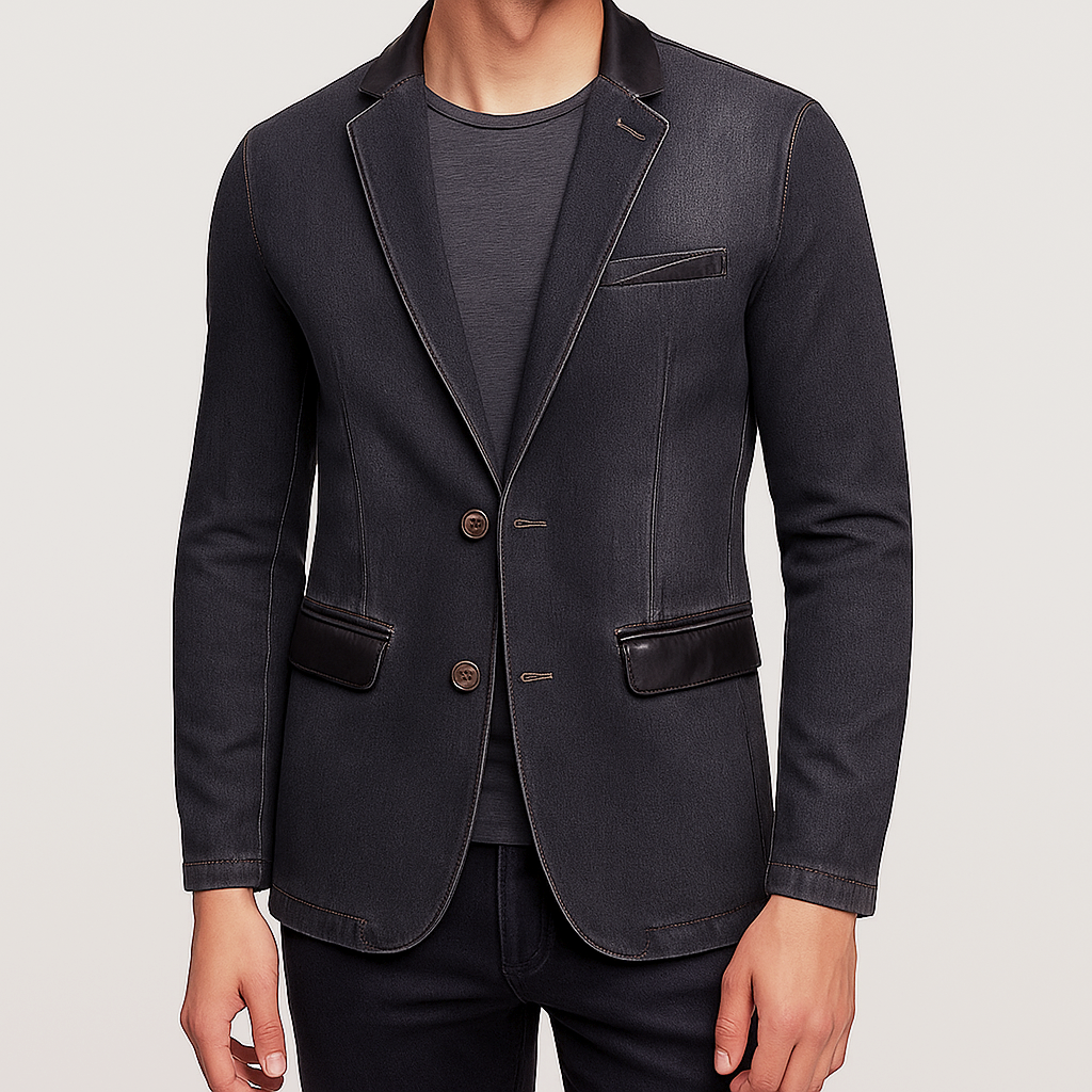 Biruvi | Men’s Vintage Leather-Trim Tailored Denim Blazer