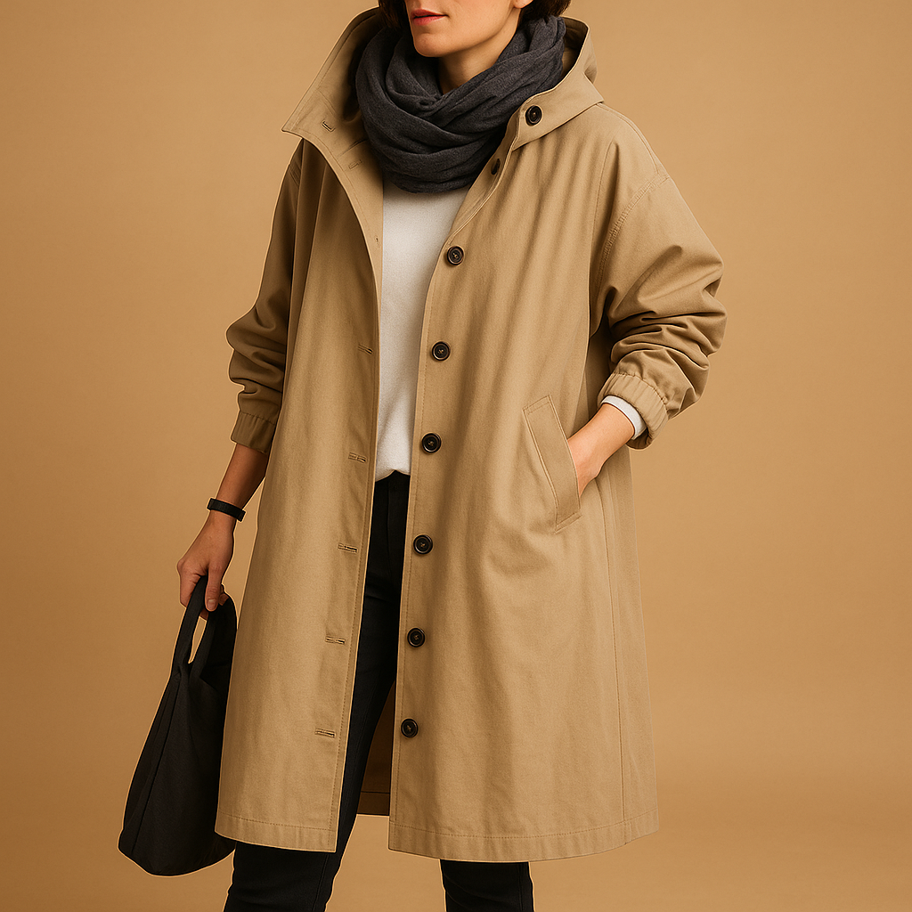 Biruvi | Women’s Long Waterproof Trench Coat with Adjustable Hood