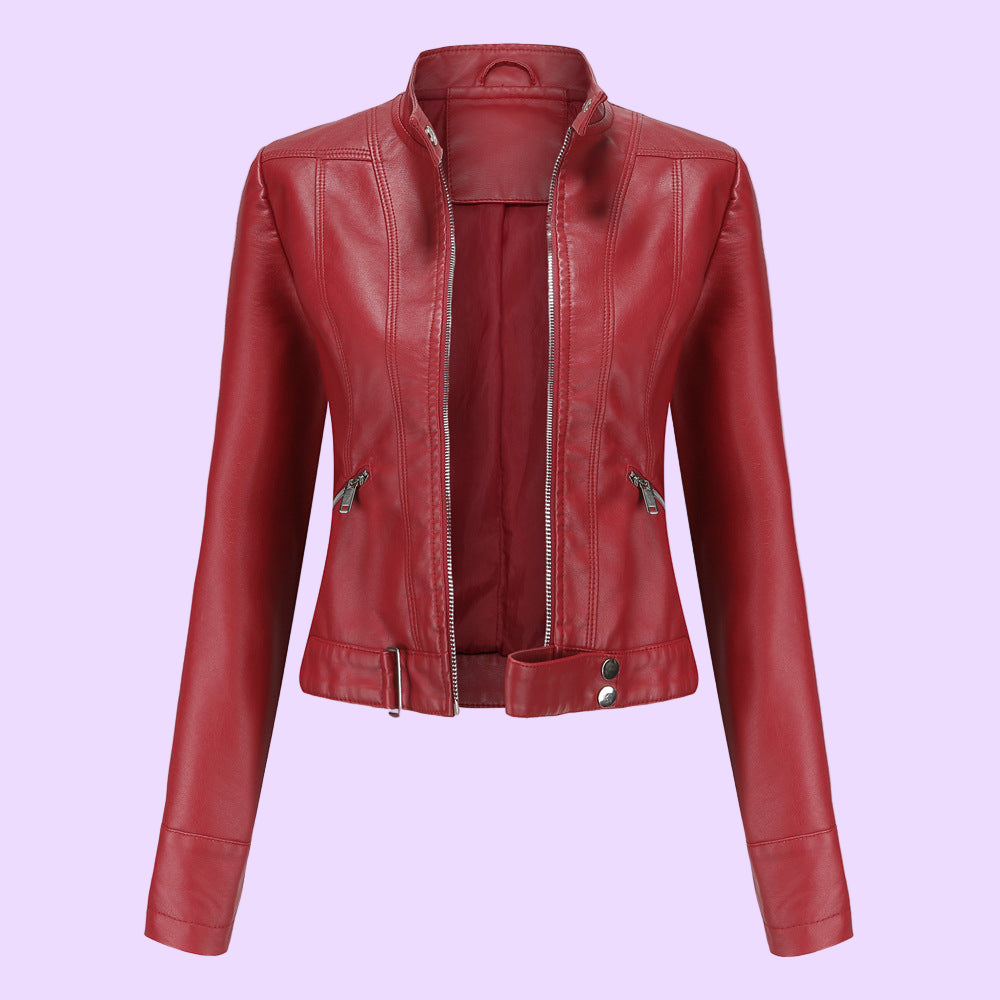 Biruvi | Women’s PU High Collar Jacket – Faux Leather Zip Jacket with Belted Hem