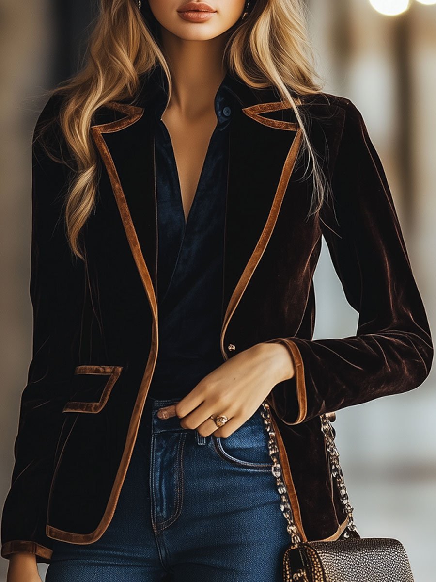 Biruvi | Women’s Vintage Velvet Colorblock Stripe Pocket Blazer