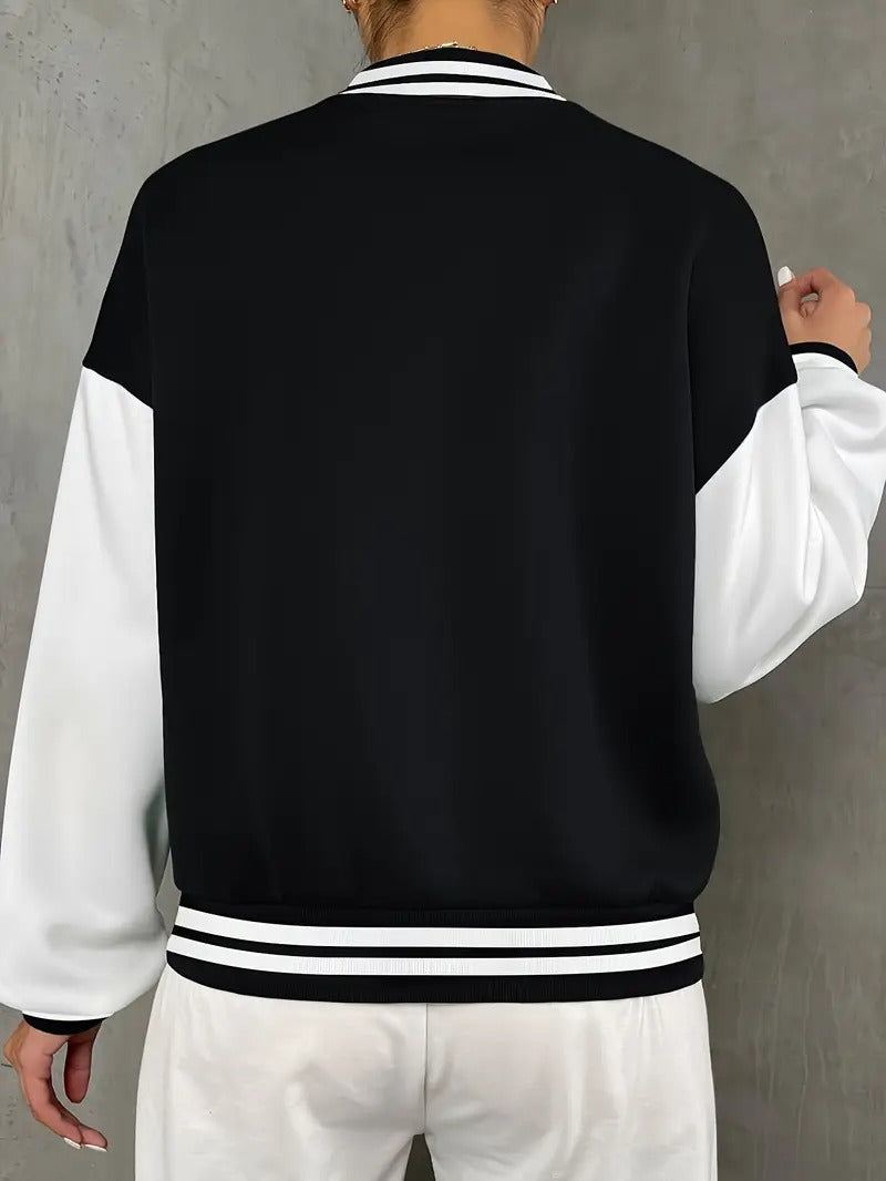Biruvi | Women’s Varsity Jacket Black White Snap Button Collegiate Style