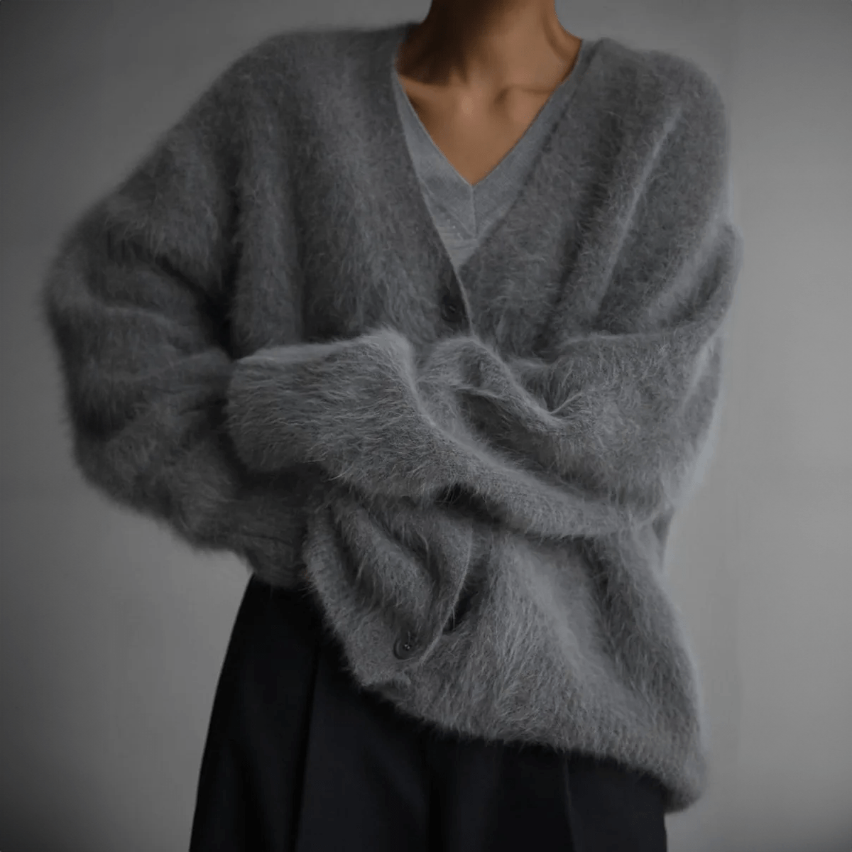 Biruvi | Women’s Knitwear Fluffy Cardigan Soft Oversized V Neck Relaxed Fit