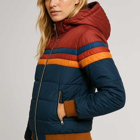 Biruvi | Women’s Puffer Jackets Waterproof Insulated Hooded Colorblock Jacket