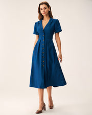 Camille | Pleated V-Neck Button Front Summer Dress
