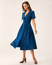 Camille | Pleated V-Neck Button Front Summer Dress
