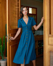 Camille | Pleated V-Neck Button Front Summer Dress